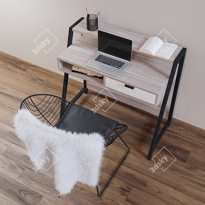 Modern Wood Desk & Metal Accent Chair 3D model image 2