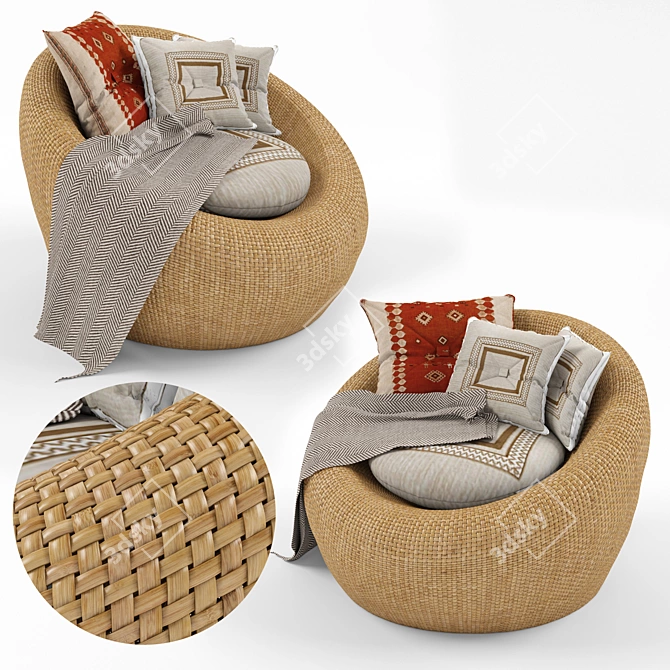 Rustic Rattan Armchair: Cushioned Comfort! 3D model image 1