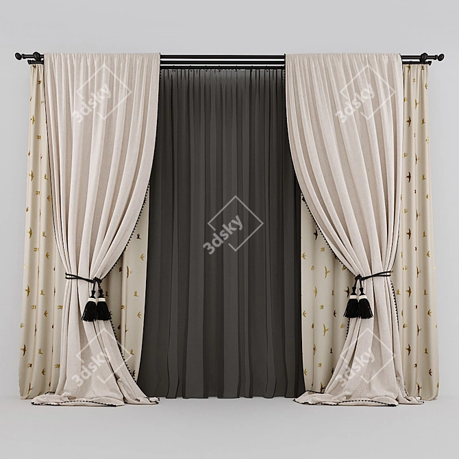 Swallow Print Curtains: Elegant with Beaded Tiebacks 3D model image 1