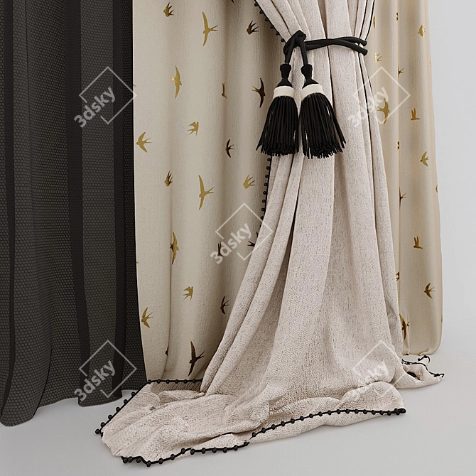 Swallow Print Curtains: Elegant with Beaded Tiebacks 3D model image 2