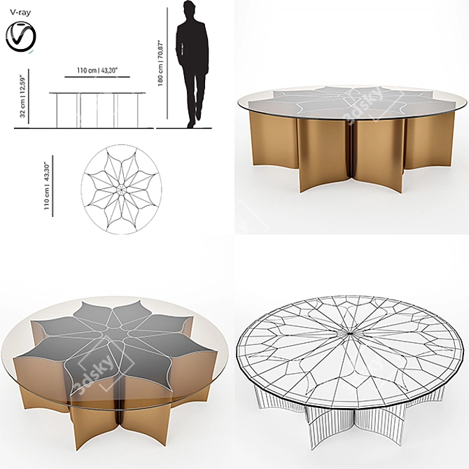 Elegant Lotus Brass Glass Table 3D model image 4