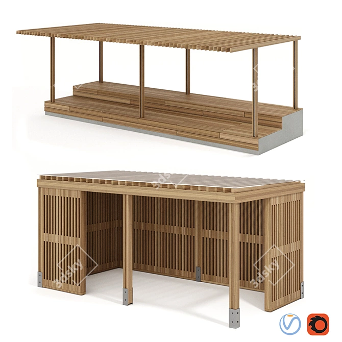 Elegant Wooden Veranda and Canopy with Stands 3D model image 1