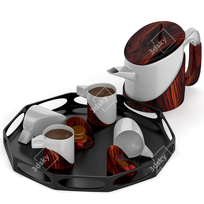 Porcelain Coffee Set with Walnut Stick Tray 3D model image 1