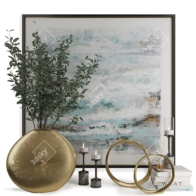 Modern Decor Set with Abstract Canvas, Golden Vase, Glass Candleholders, Golden Ring Sculptures 3D model image 1