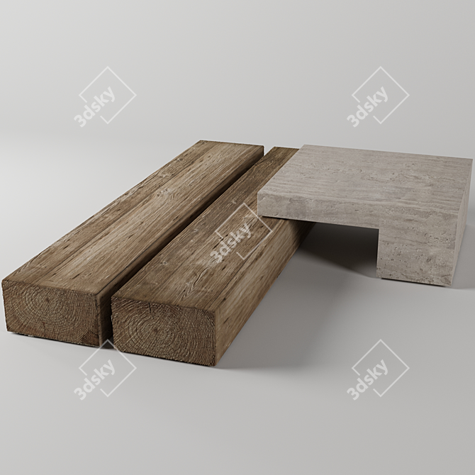 Travertine and Wooden Table Set 3D model image 1