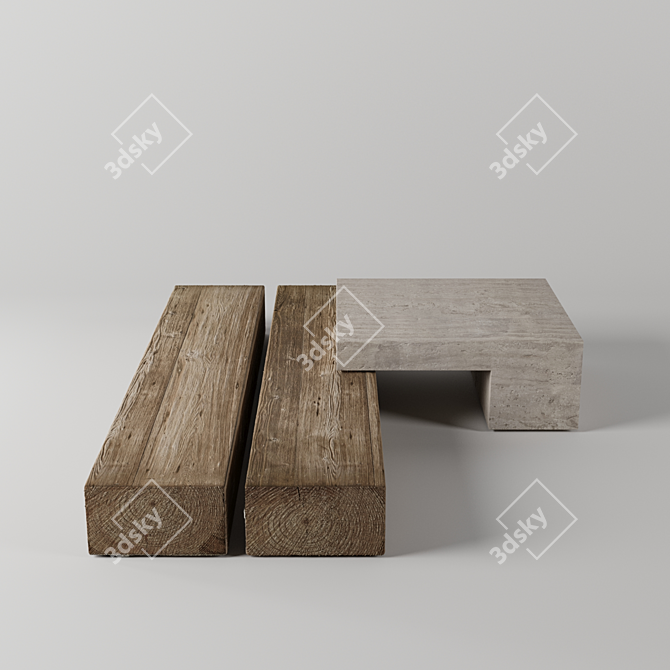 Travertine and Wooden Table Set 3D model image 5