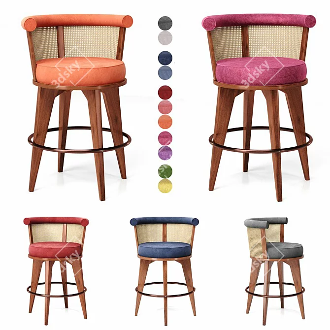George Velvet Stool with Wood Base 3D model image 7