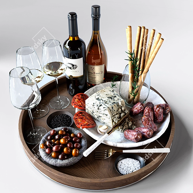 Cheese & Wine Delight: Camembert, Roquefort, Figs & Sausages 3D model image 1