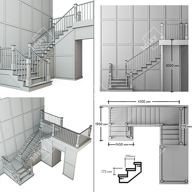 Modular Staircase with Wall Railing 3D model image 5