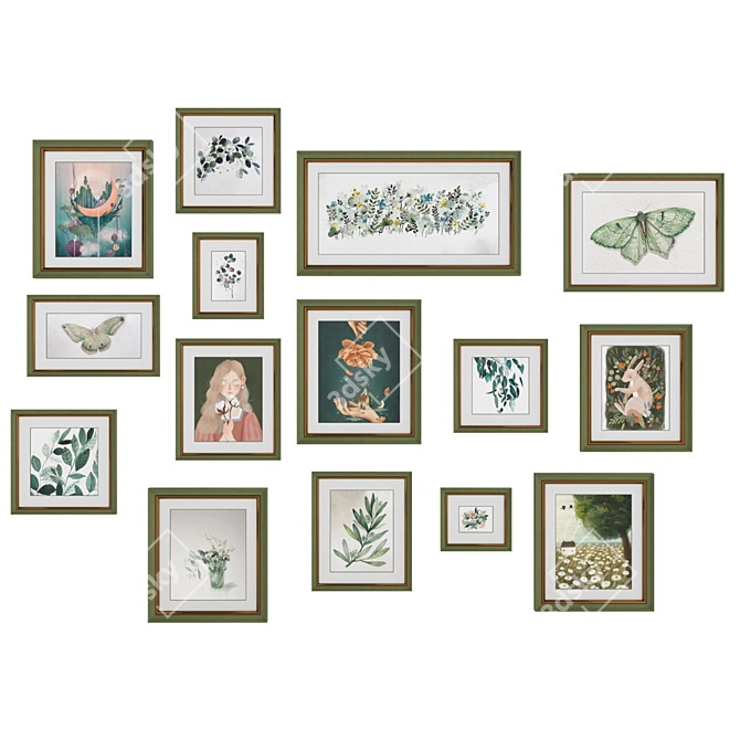 Green-Bronze Framed Set of 15 Interior Paintings 3D model image 1