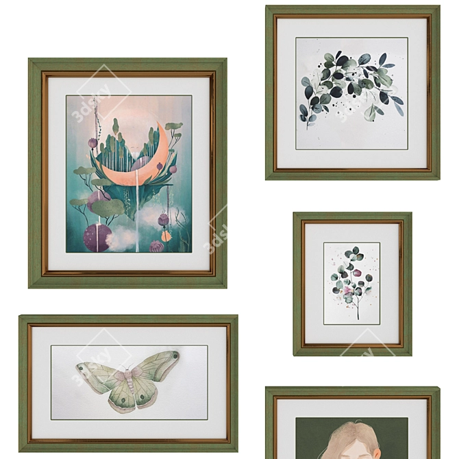 Green-Bronze Framed Set of 15 Interior Paintings 3D model image 2