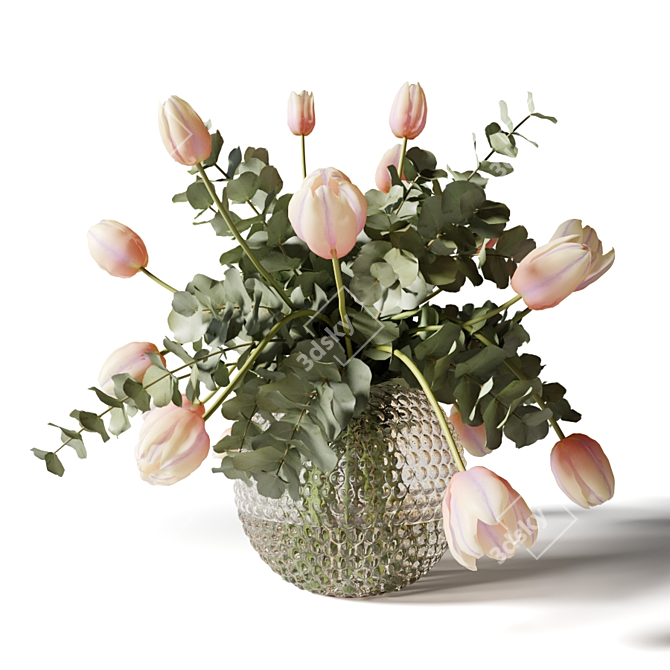 Eucalyptus & Tulip Bouquets in Glass Vases 3D model image 2