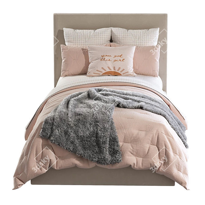 Modern Gray Headboard Bed 3D model image 3