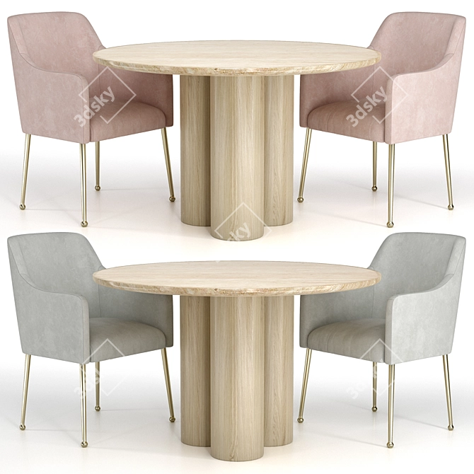 Luxury Velvet Elowen Armchair & Travertine Table Set 3D model image 1