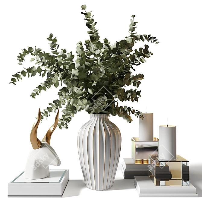 Elegant Eucalyptus Bouquet in Striped White Vase 3D model image 1