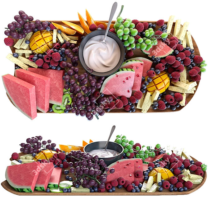 Exquisite Fruit Plate: Watermelon, Raspberry, Mango, Blueberry & Kiwi 3D model image 1