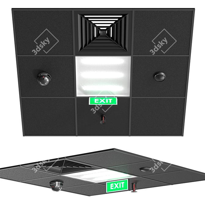 Advanced Black Ceiling: Integrated Lighting, Ventilation, Fire Suppression, Camera & Exit Sign 3D model image 1