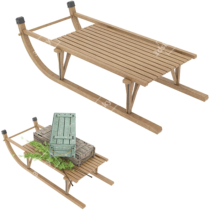 Vintage Wooden Sled: 3D Model 3D model image 3