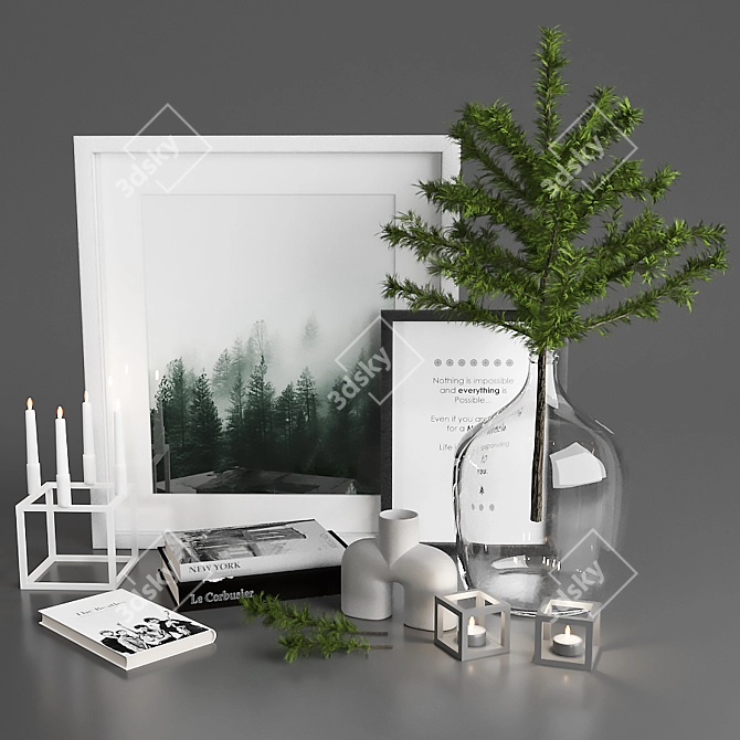 Scandi Decor Set: Cedar Branch, Books, Frames, Vases 3D model image 6