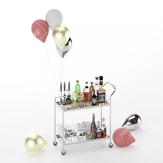 Elegant Liquor Cart with Whiskey Glass & Components 3D model image 1