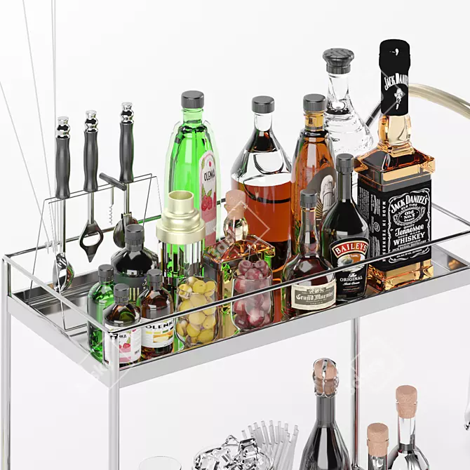 Elegant Liquor Cart with Whiskey Glass & Components 3D model image 2