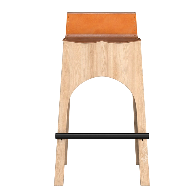 Tan Leather & Wood Stool 3D model image 2