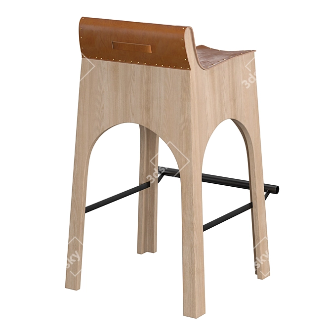 Tan Leather & Wood Stool 3D model image 3