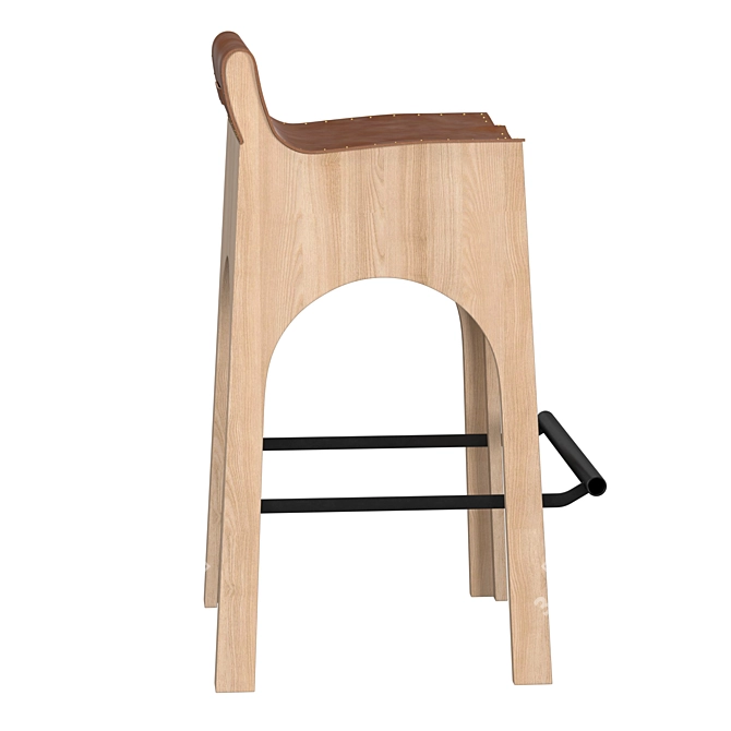 Tan Leather & Wood Stool 3D model image 4