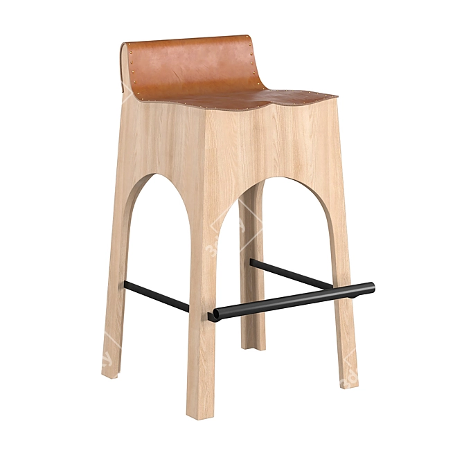 Tan Leather & Wood Stool 3D model image 6