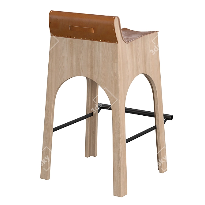 Tan Leather & Wood Stool 3D model image 8