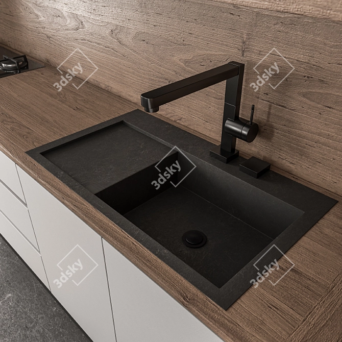 Contemporary White & Wood Kitchen 3D model image 2