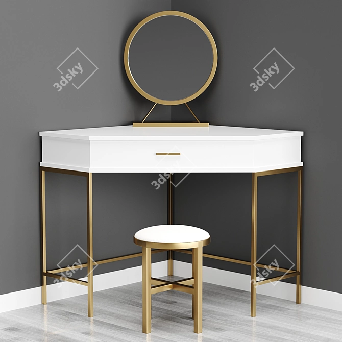 Modern Corner Dressing Table with Mirror and Stool 3D model image 2