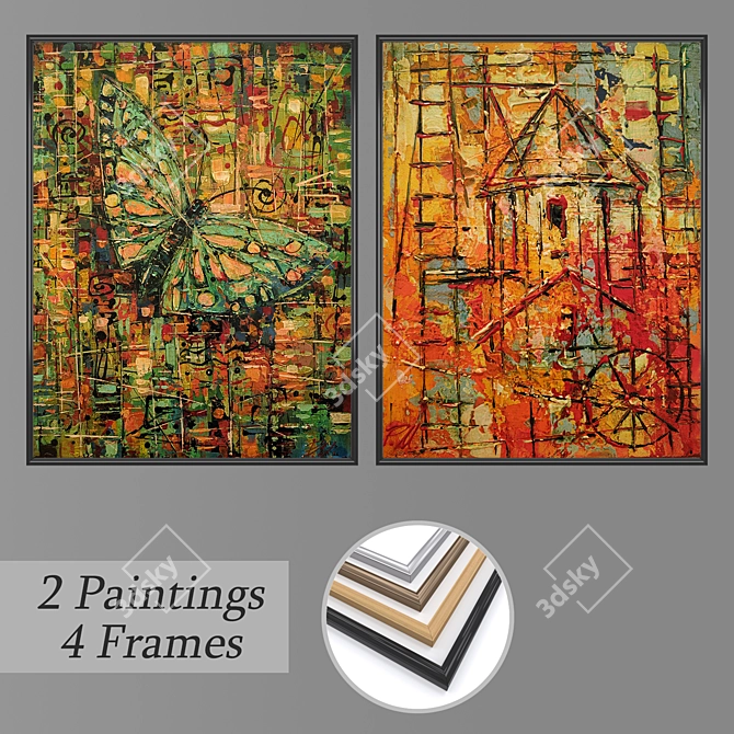 Modern Art Set: 2 Paintings, 4 Frame Options 3D model image 1