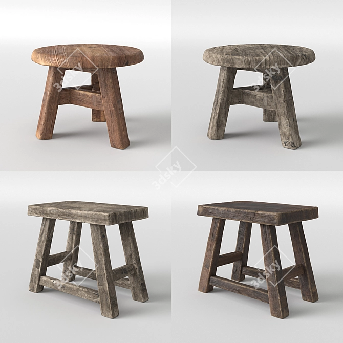 Rustic Wood Foot Stools 3D model image 2