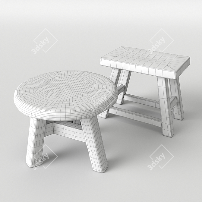 Rustic Wood Foot Stools 3D model image 3