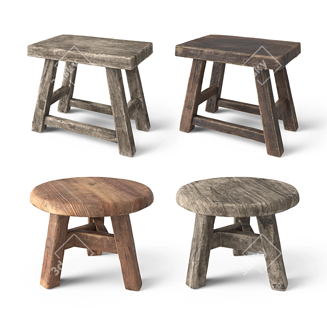 Rustic Wood Foot Stools 3D model image 4