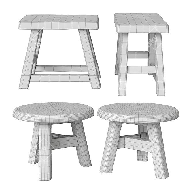 Rustic Wood Foot Stools 3D model image 6