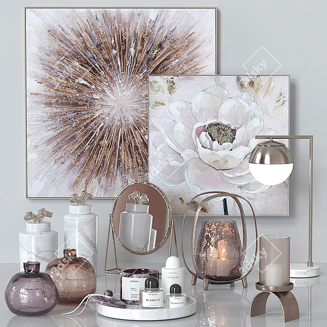 Golden Decor Set: Paintings, Lamp, Candleholders, Statuette 3D model image 8