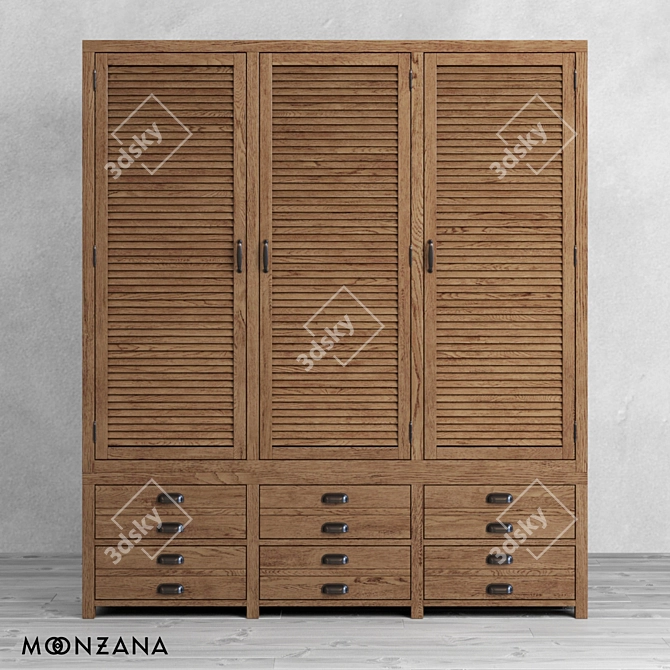 Moonzana Printmaker 3-Section Oak Wardrobe 3D model image 2