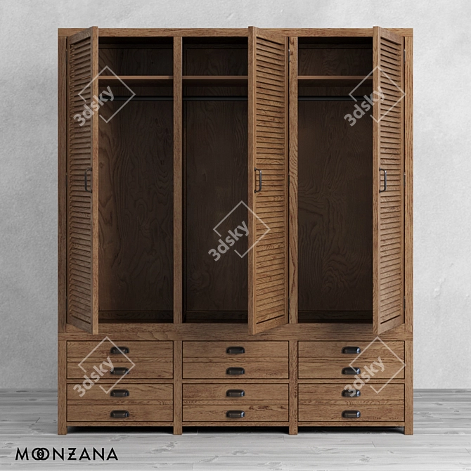 Moonzana Printmaker 3-Section Oak Wardrobe 3D model image 3