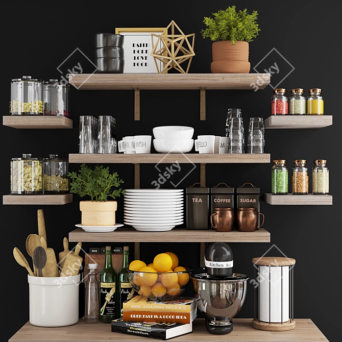 Rustic Kitchen Wood Shelf Set 3D model image 1