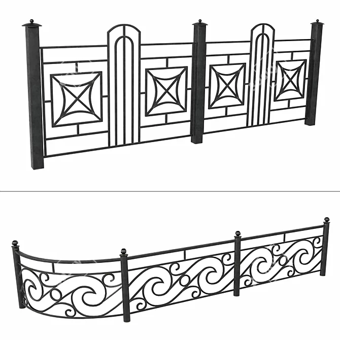 Elegant Wrought Iron Fence Set 3D model image 3