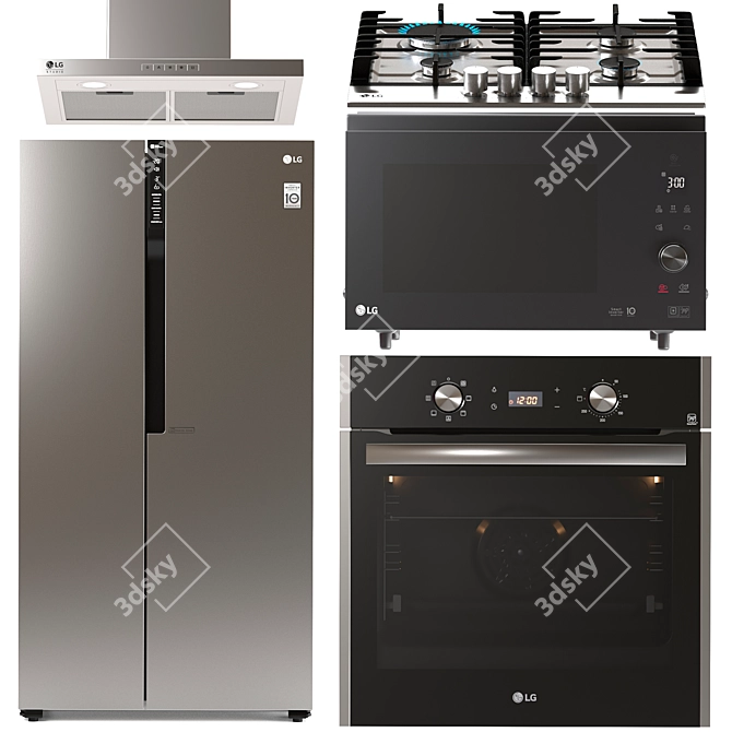 LG Kitchen Appliance Set: EasyClean Oven, Side-by-Side Fridge, Gas Cooktop, Microwave, and Hood 3D model image 1