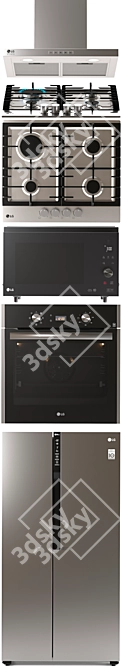 LG Kitchen Appliance Set: EasyClean Oven, Side-by-Side Fridge, Gas Cooktop, Microwave, and Hood 3D model image 3