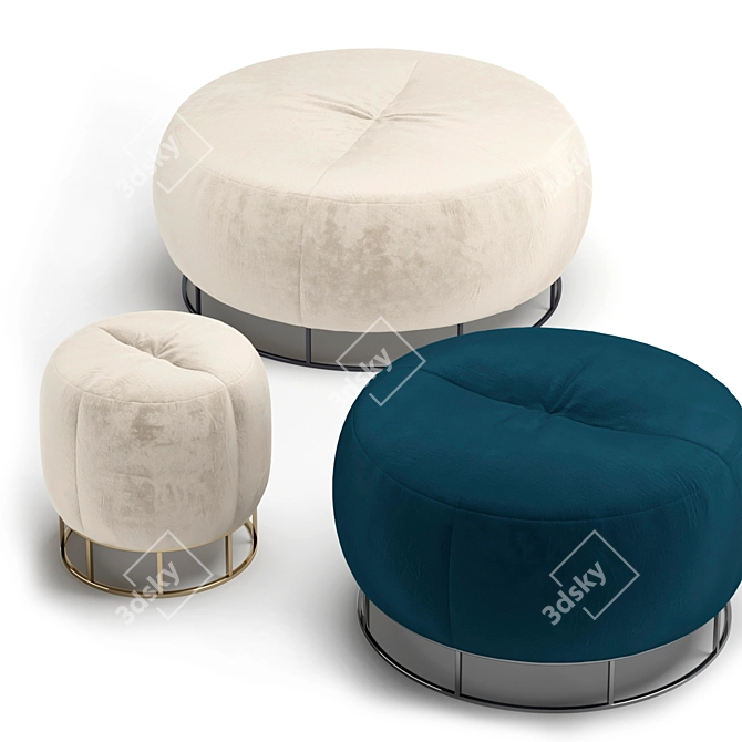 Velvet Round Metal Base Pouf Set 3D model image 5