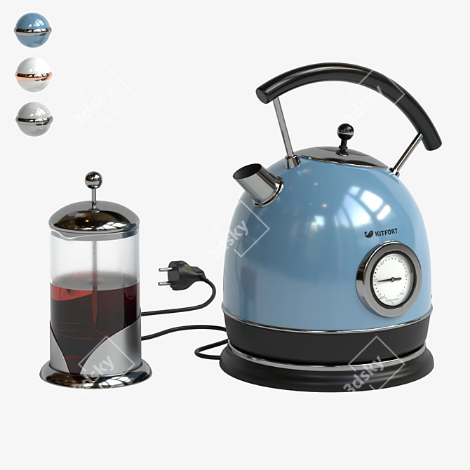 Elegant Electric Kettle Set: KITFORT & French Press 3D model image 1