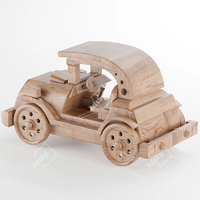 Vintage Wooden Toy Car 3D model image 2