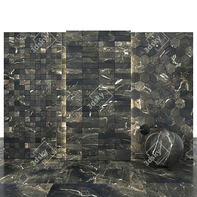 Sleek Black Marble: Deep Gloss & Various Tiles 3D model image 2