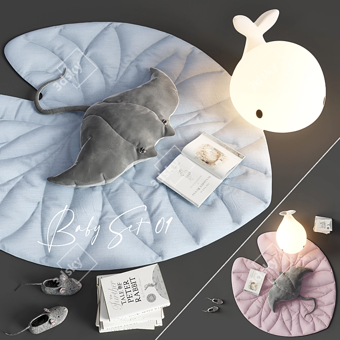 Nursery Decor Set: Leaf Rug, Stingray Pillow, Moby Floor Lamp 3D model image 1