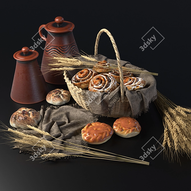 Artisan Buns in Wicker Basket 3D model image 1